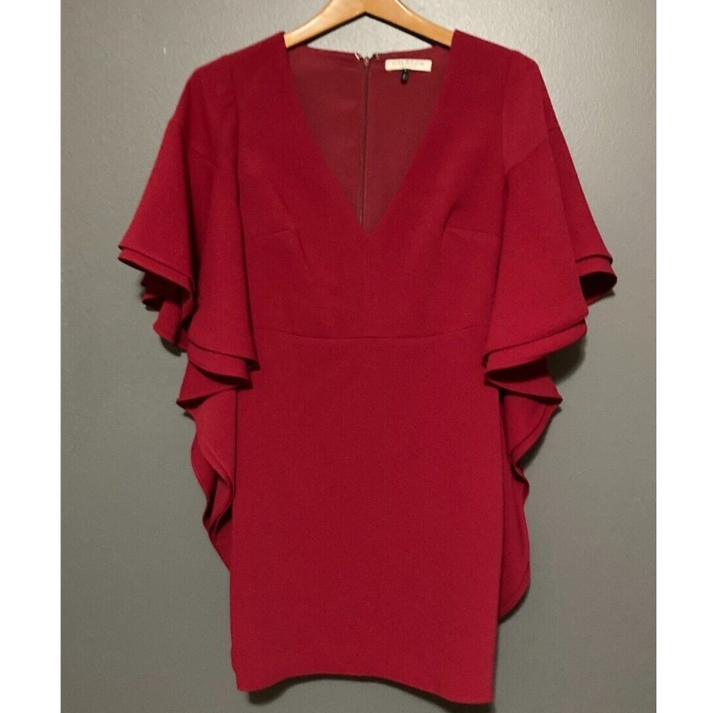 Halston Heritage Cape Sleeve Dress Womens 2 Red Party Chi Mini Ruffle Cocktail